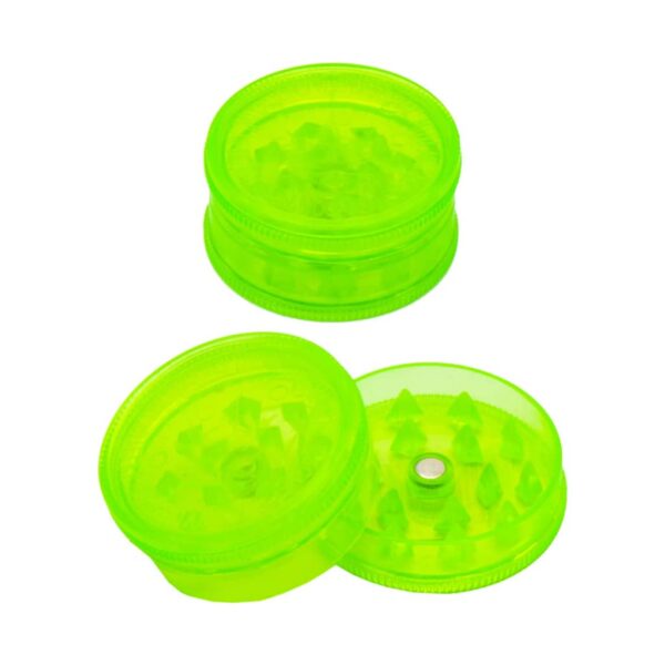 Neon green plastic herb grinder with shark teeth and magnetic lid, shown open and closed, cannabis leaf design
