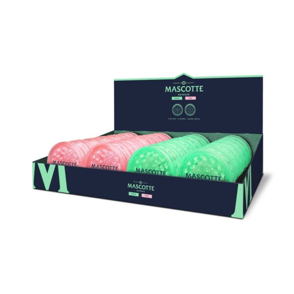 Display box of Mascotte plastic herb grinders in pink and green with shark teeth design