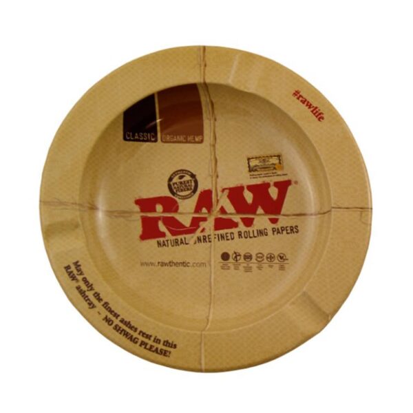 Round metal ashtray with RAW Classic rolling paper design and kraft-style print