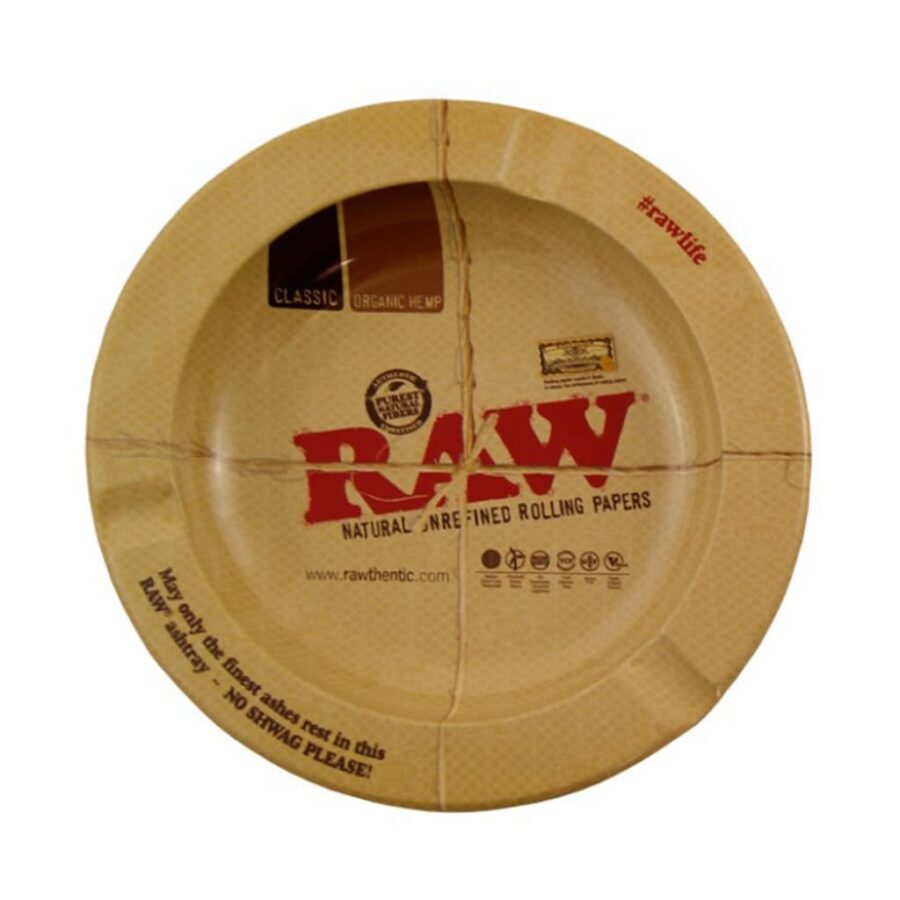 Round metal ashtray with RAW Classic rolling paper design and kraft-style print