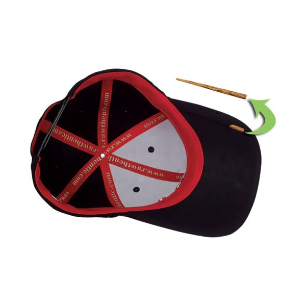 Inside view of black RAW snapback hat with red trim and built-in bamboo poker holder
