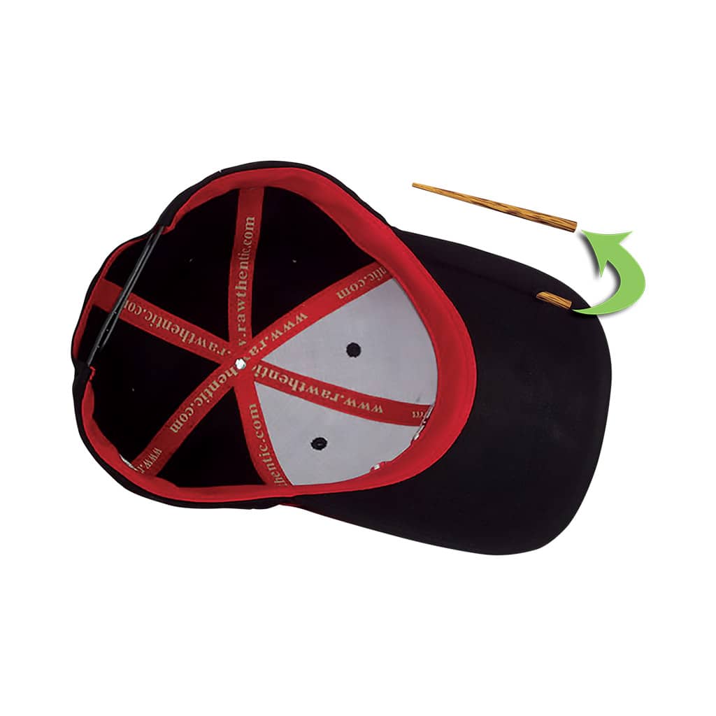 Inside view of black RAW snapback hat with red trim and built-in bamboo poker holder