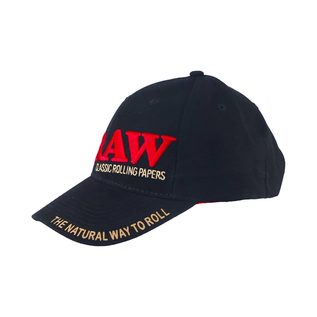 Black RAW snapback hat with red embroidered logo and "The Natural Way to Roll" on the brim