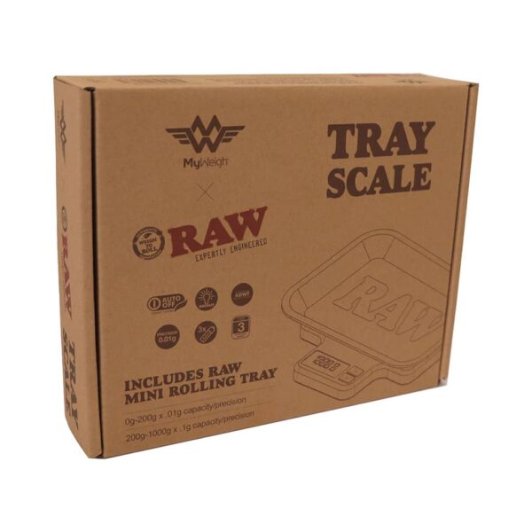 Brown cardboard packaging of RAW Tray Scale with illustrated digital scale and rolling tray