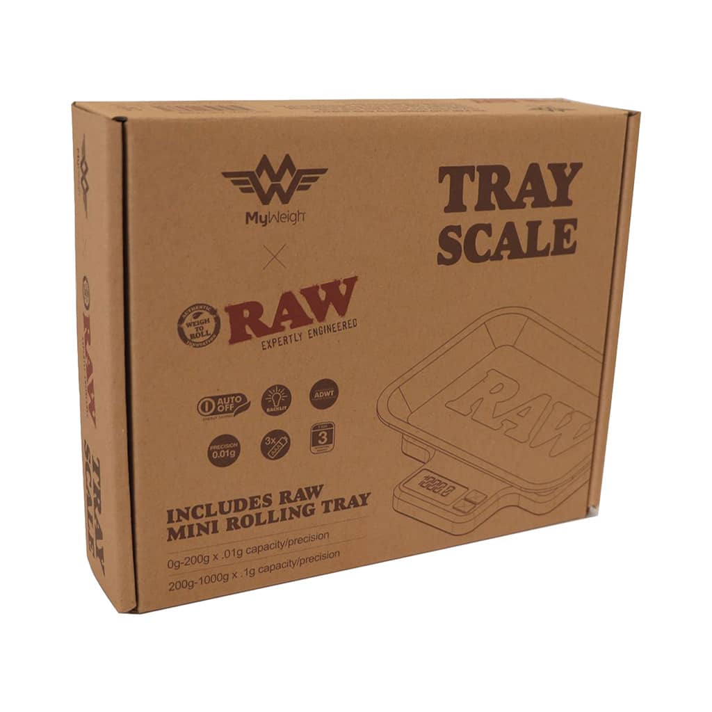 Brown cardboard packaging of RAW Tray Scale with illustrated digital scale and rolling tray