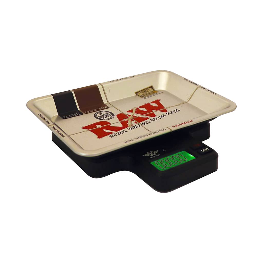 RAW digital precision scale with integrated rolling tray for weighing herbs