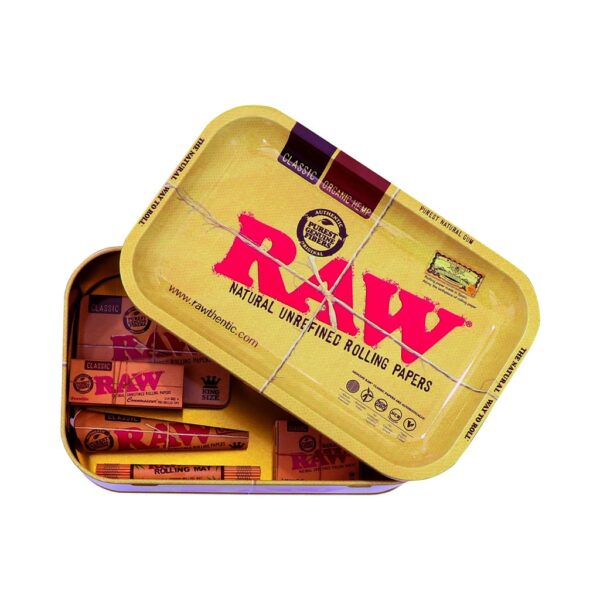 RAW Munchies Box opened – tin stash container with rolling tray lid and RAW rolling papers inside