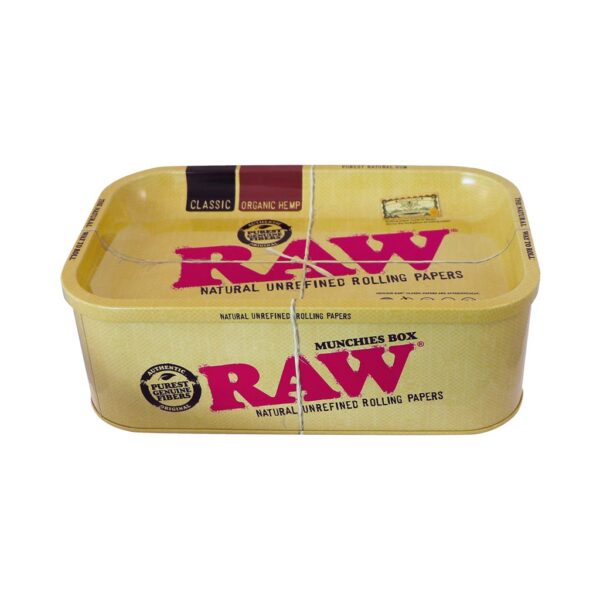 RAW Munchies Box – tin storage container with integrated rolling tray lid for herbs and accessories