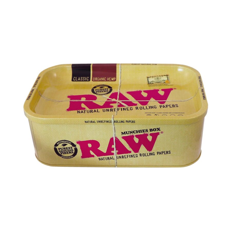 RAW Munchies Box – tin storage container with integrated rolling tray lid for herbs and accessories