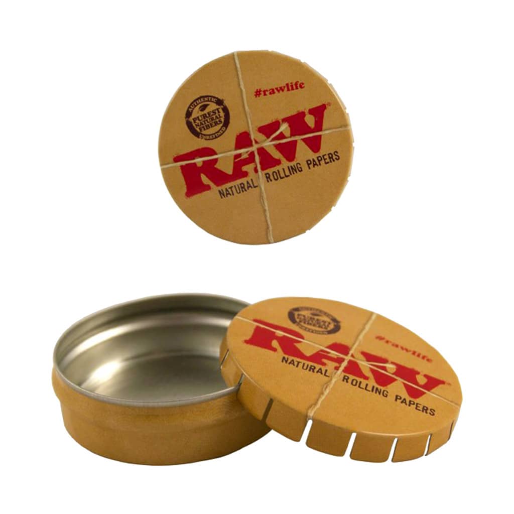 RAW round stash tin with removable lid and inner metal lining for herb storage