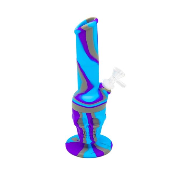 Colorful silicone skull-shaped bong in blue, purple, and grey with glass bowl