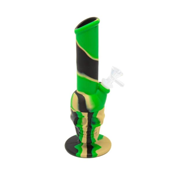 Green and black camo-style silicone bong with skull base and glass burner
