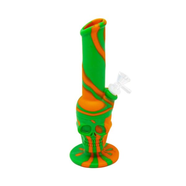 Green and orange silicone bong with skull-shaped base and clear glass bowl