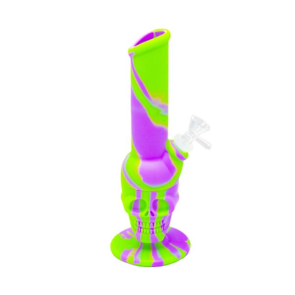 Green and violet silicone bong with skull base and clear glass bowl