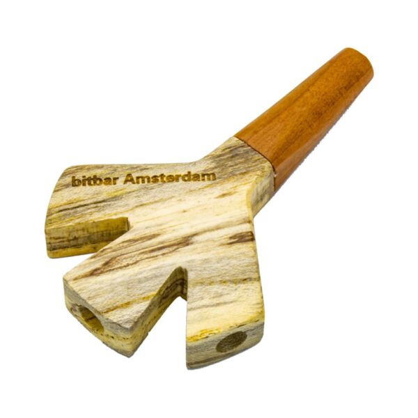 Three-barrel wooden smoking holder with natural wood finish and Bitbar Amsterdam engraving