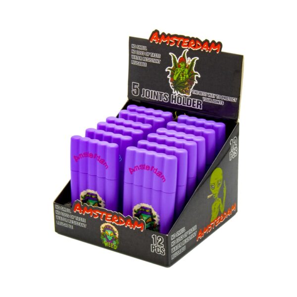 Purple joint holders with Amsterdam branding in a 12-piece retail display box