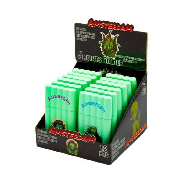 Display of 12 turquoise joint holders with Amsterdam Alien design, holds 5 pre-rolls, smell-proof and reusable tubes