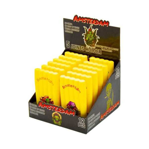 Display of 12 yellow plastic joint holders with Amsterdam Alien print, designed to store 5 pre-rolls, smell-proof and water-resistant