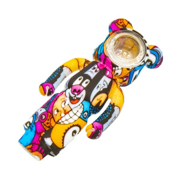 Colorful silicone bear-shaped smoking pipe with graffiti cartoon pattern and built-in glass bowl