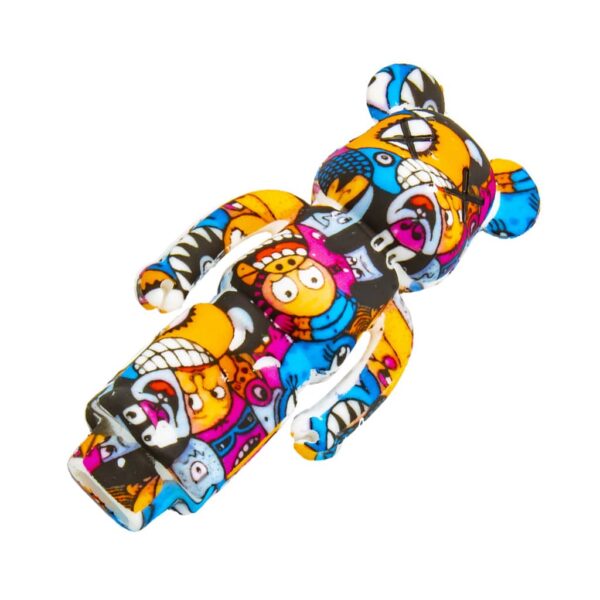 Rear view of colorful bear-shaped silicone smoking pipe with cartoon graffiti design