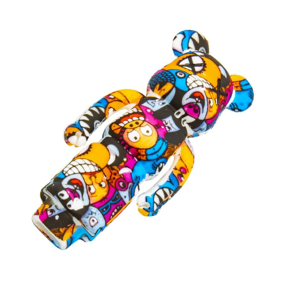 Rear view of colorful bear-shaped silicone smoking pipe with cartoon graffiti design