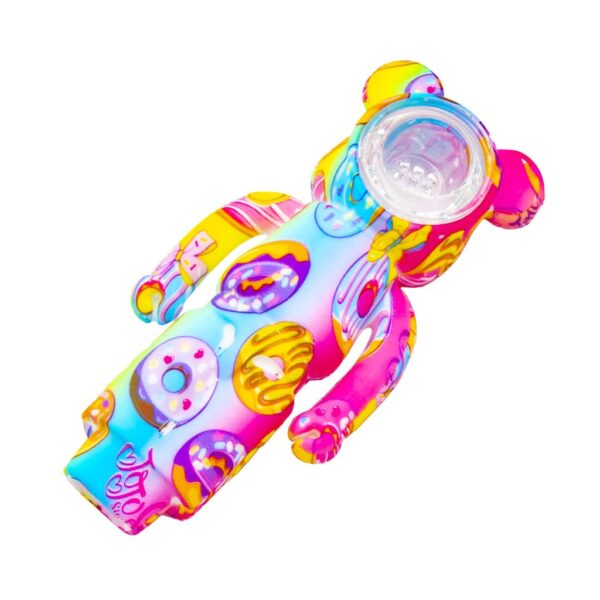Front view of silicone bear smoking pipe with vibrant multicolored donut design