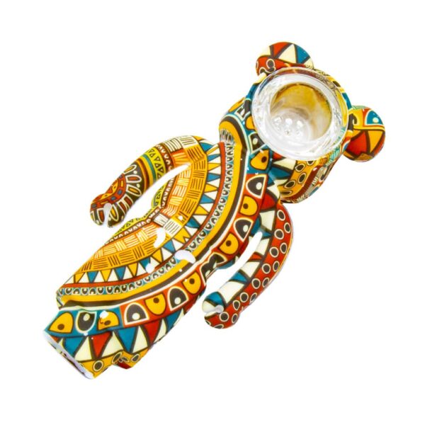 Bear-shaped silicone smoking pipe with Native American style tribal pattern in warm colors