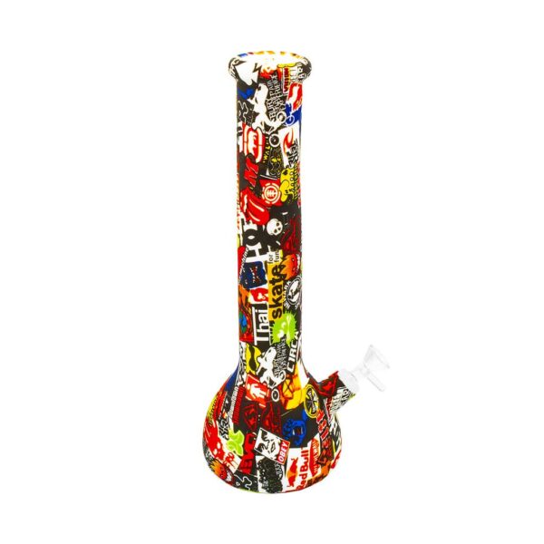 XL silicone water bong with urban breands graffiti print and glass mouthpiece, bold and durable smoking accessory