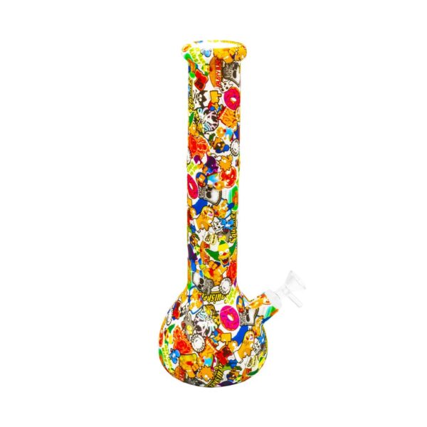Tall silicone bong covered in colorful cartoon graffiti-style characters with a glass bowl