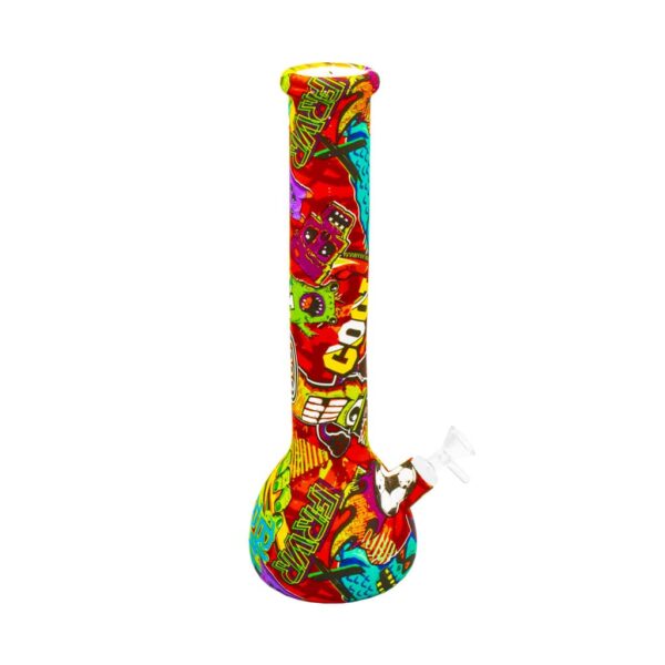Silicone bong with colorful graffiti design and clear glass bowl