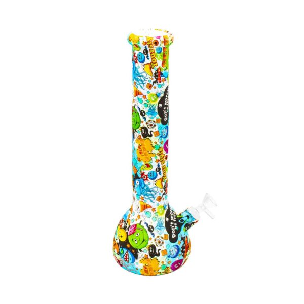 Colorful silicone bong with cartoon doodle print and clear glass bowl