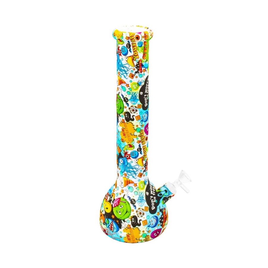Colorful silicone bong with cartoon doodle print and clear glass bowl