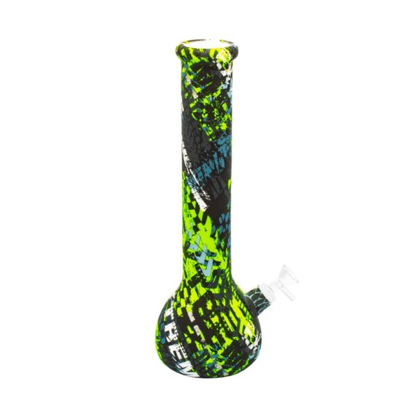Tall silicone bong with black, neon green, and blue graffiti-style print and wide beaker base
