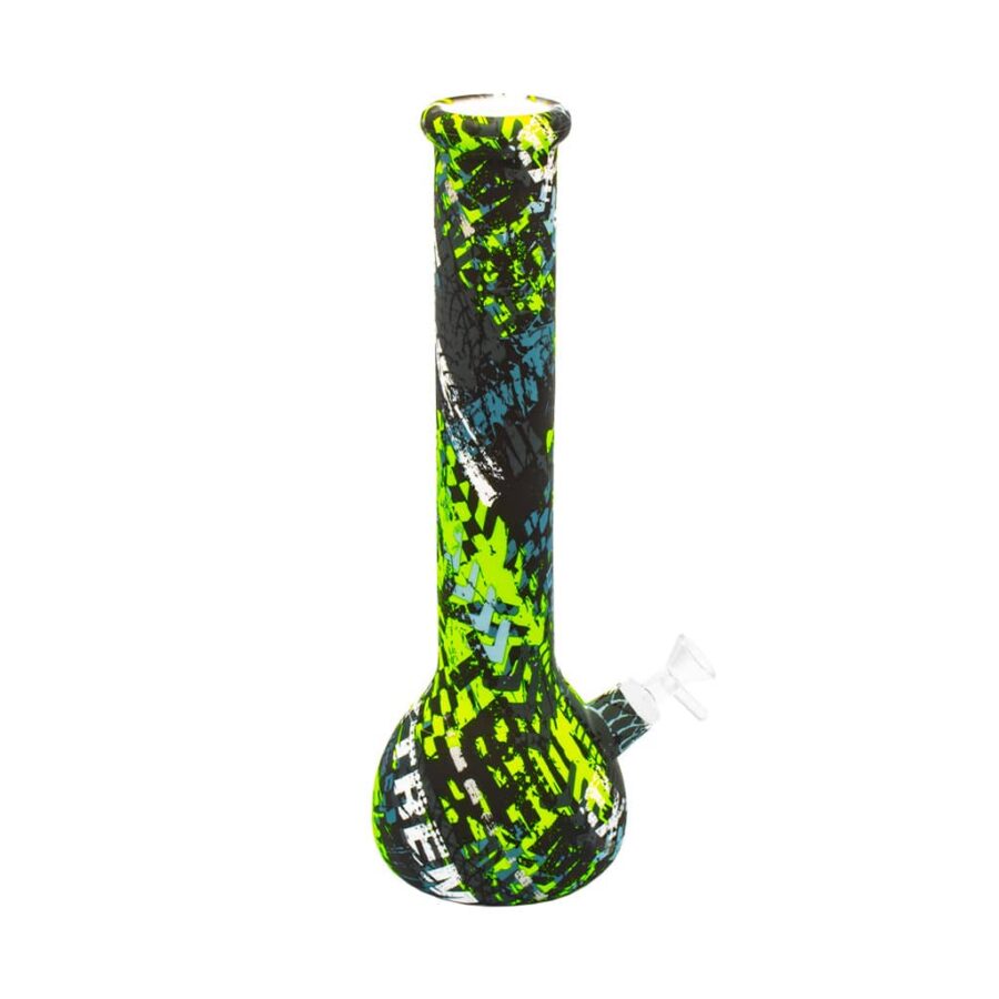 Tall silicone bong with black, neon green, and blue graffiti-style print and wide beaker base