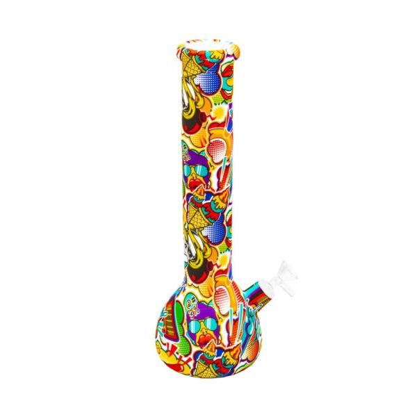 Tall silicone bong with colorful pop art graffiti print featuring cartoons, icons, and bold outlines