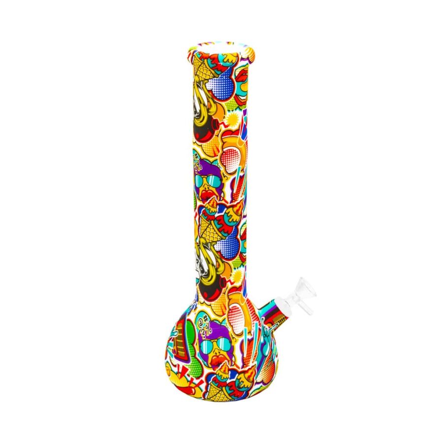 Tall silicone bong with colorful pop art graffiti print featuring cartoons, icons, and bold outlines