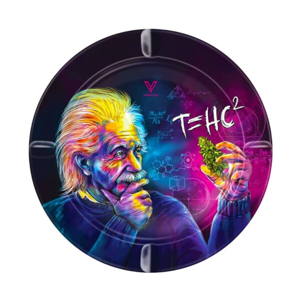 Round metal ashtray featuring colorful Einstein illustration holding cannabis bud with THC² equation