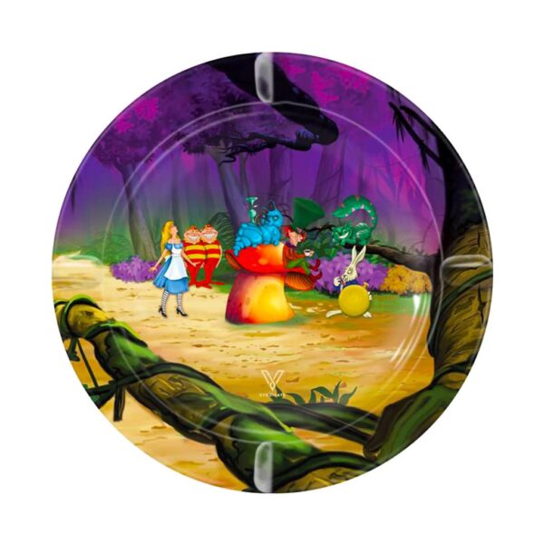 Round metal ashtray with psychedelic Alice in Wonderland mushroom scene and colorful characters