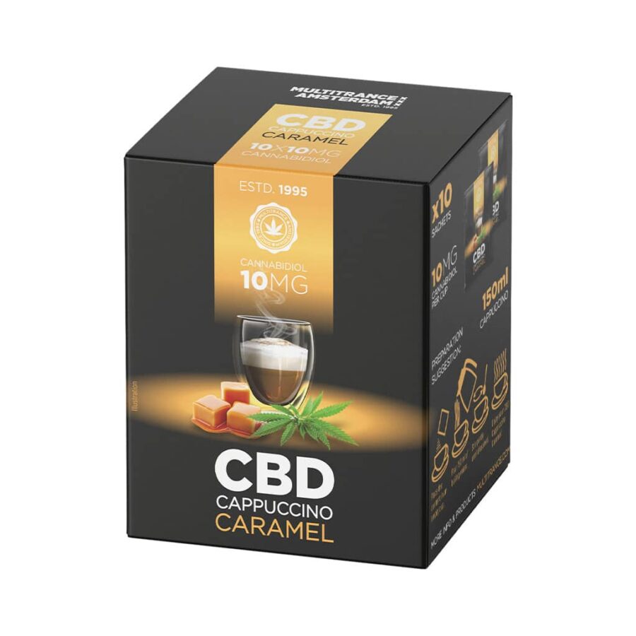 Box of CBD Coffee Instant Caramel Cappuccino by Multitrance – 10 sachets with 10mg CBD each, smooth caramel flavor, cannabidiol coffee drink.