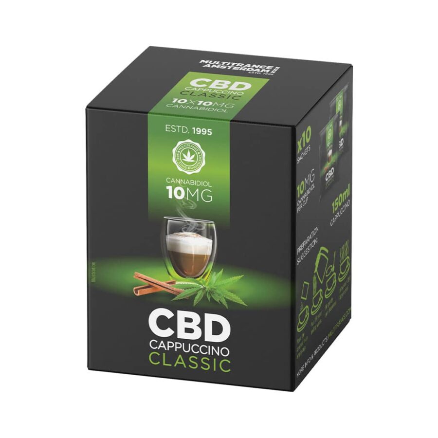 Box of CBD Coffee Instant Cappuccino by Multitrance – 10 sachets with 10mg CBD each, creamy cappuccino mix, cannabidiol coffee drink.