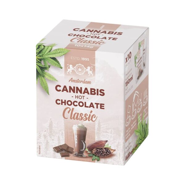 Box of Multitrance Hemp Hot Chocolate Instant with ten sachets, rich cocoa and hemp chocolate blend for cozy drinks.