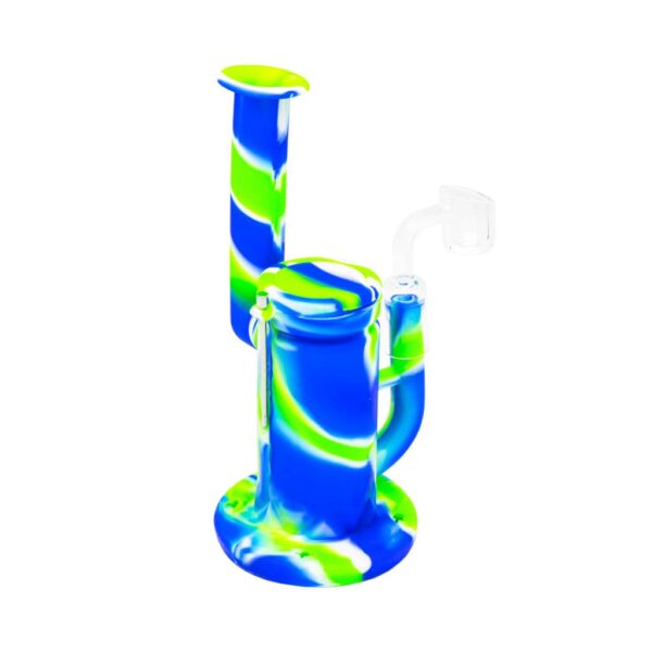 Silicone dabbing bong in blue, green, and white with glass bowl – durable, heat-resistant, and flexible smoking rig.