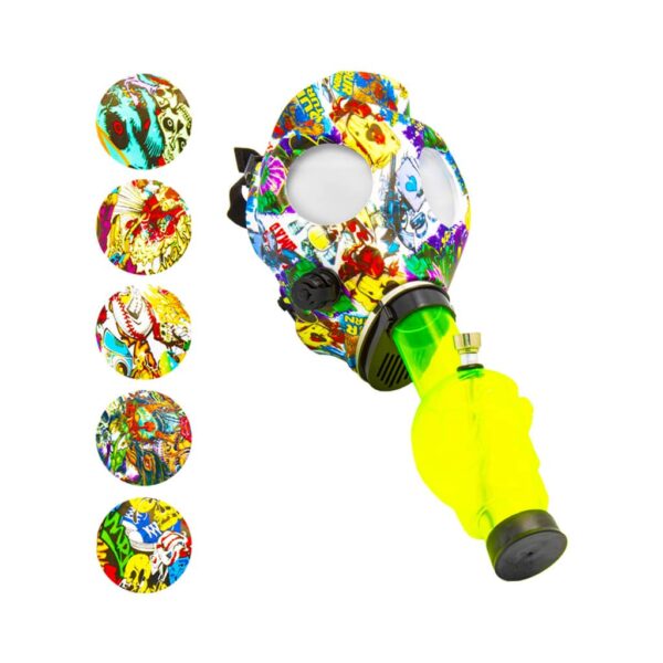 Gas mask bong with neon yellow acrylic tube and multicolor printed mask – unique, fun, and interactive smoking bong.