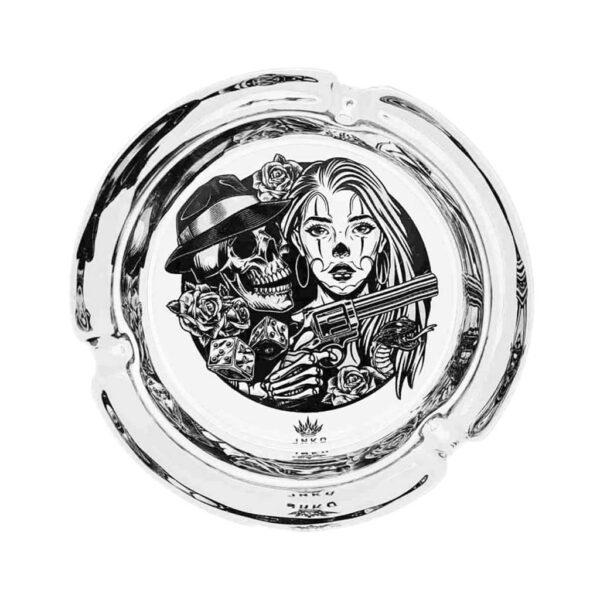 Round glass ashtray with black and white Bonny and Clyde design, featuring a woman with a revolver and a skeleton in a hat, ideal for home or outdoor smoking.