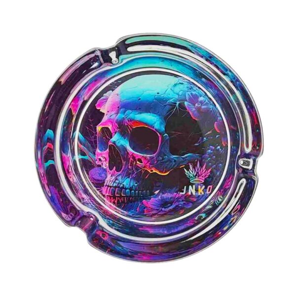 Round glass ashtray with neon skull and flower design in vibrant blue, pink, and purple hues, ideal for home or outdoor smoking.