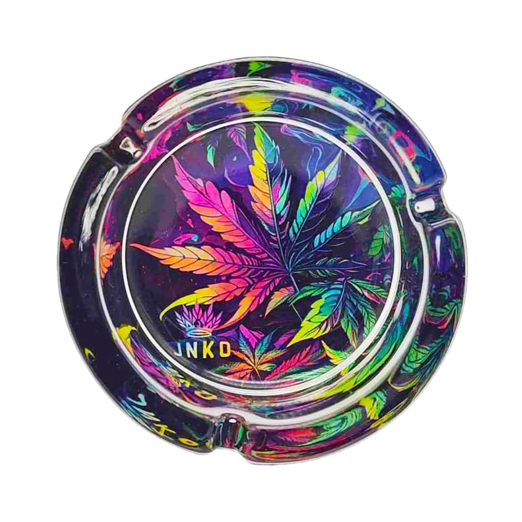 Round glass ashtray with psychedelic rainbow cannabis leaf design, perfect for home or outdoor smoking.