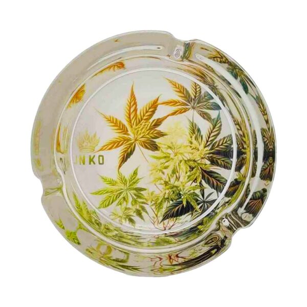 Round glass ashtray with light botanical cannabis field design in green and gold tones, perfect for home or outdoor smoking.