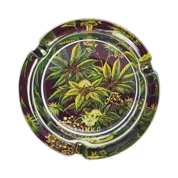 Round glass ashtray with vintage botanical cannabis flowers and leaves design in green and gold tones, suitable for indoor or outdoor smoking.