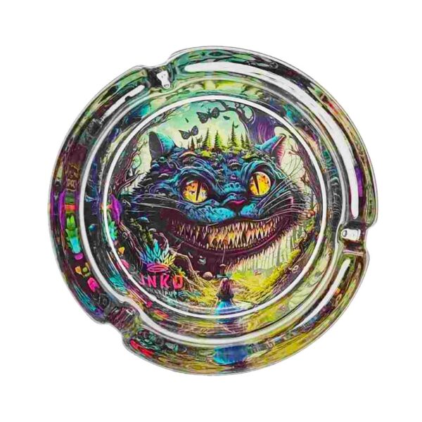 Colorful round glass ashtray with Wonderland Cat design, ideal for smoking outside or at home.