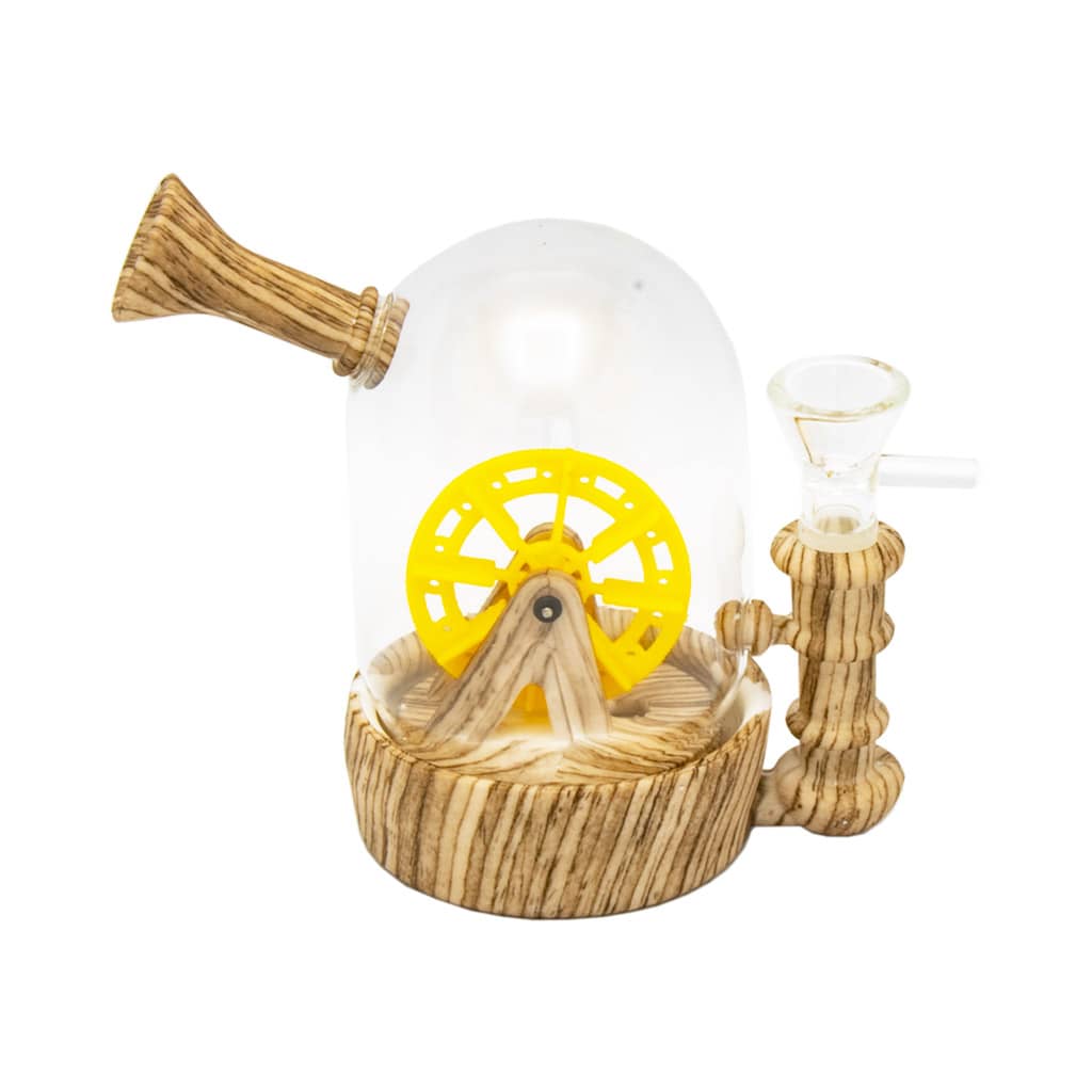 Glass water wheel bong with wood-pattern base and yellow wheel design – creative, smooth-hitting novelty bong.